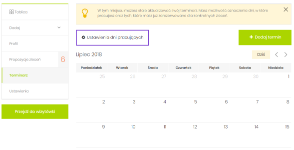 Terminarz-ustawienia Dni pracujących