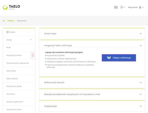 Integracja Taelo.pl z wFirma.pl - Połącz z wFirma.pl