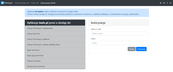 Integracja Taelo.pl z wFirma.pl - Dane logowania
