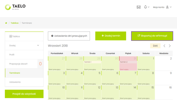 Integracja Taelo.pl z wFirma.pl - Eksport terminarza